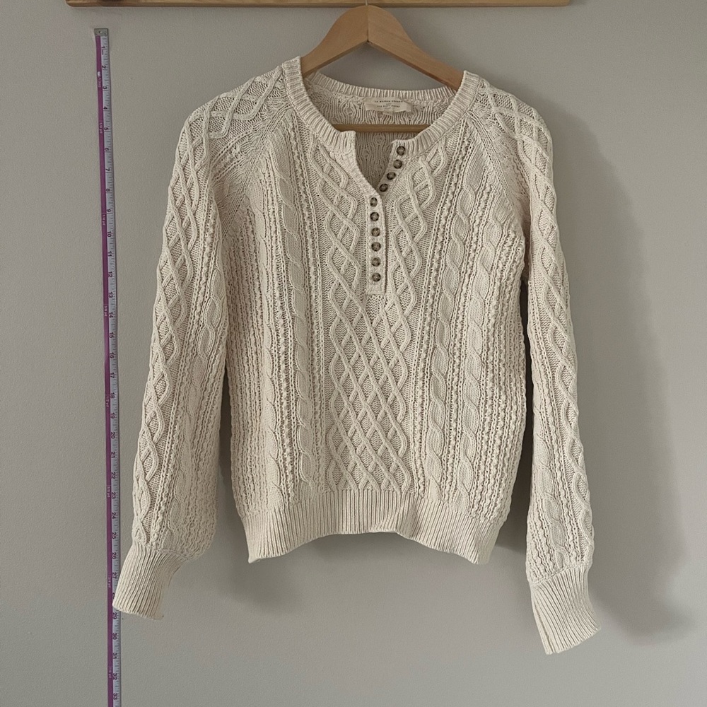 Sezane Cream Cable-Knit Henley Sweater